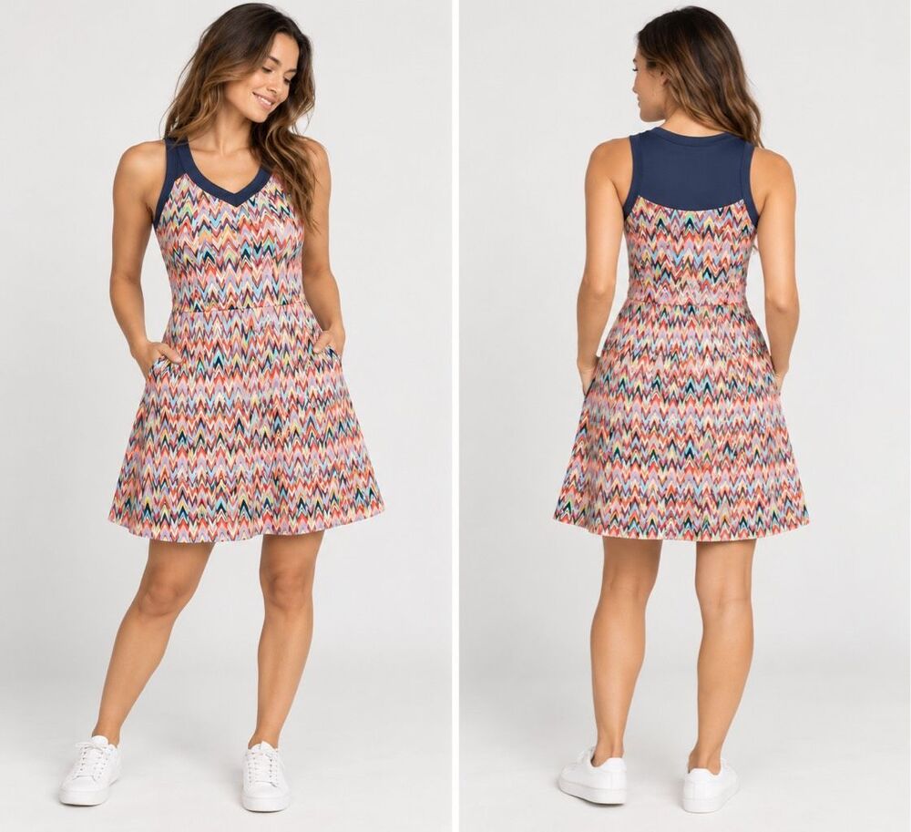 Title Nine Medium Chevron Athletic Dress Multicolor V Neck Built In Bra Pockets